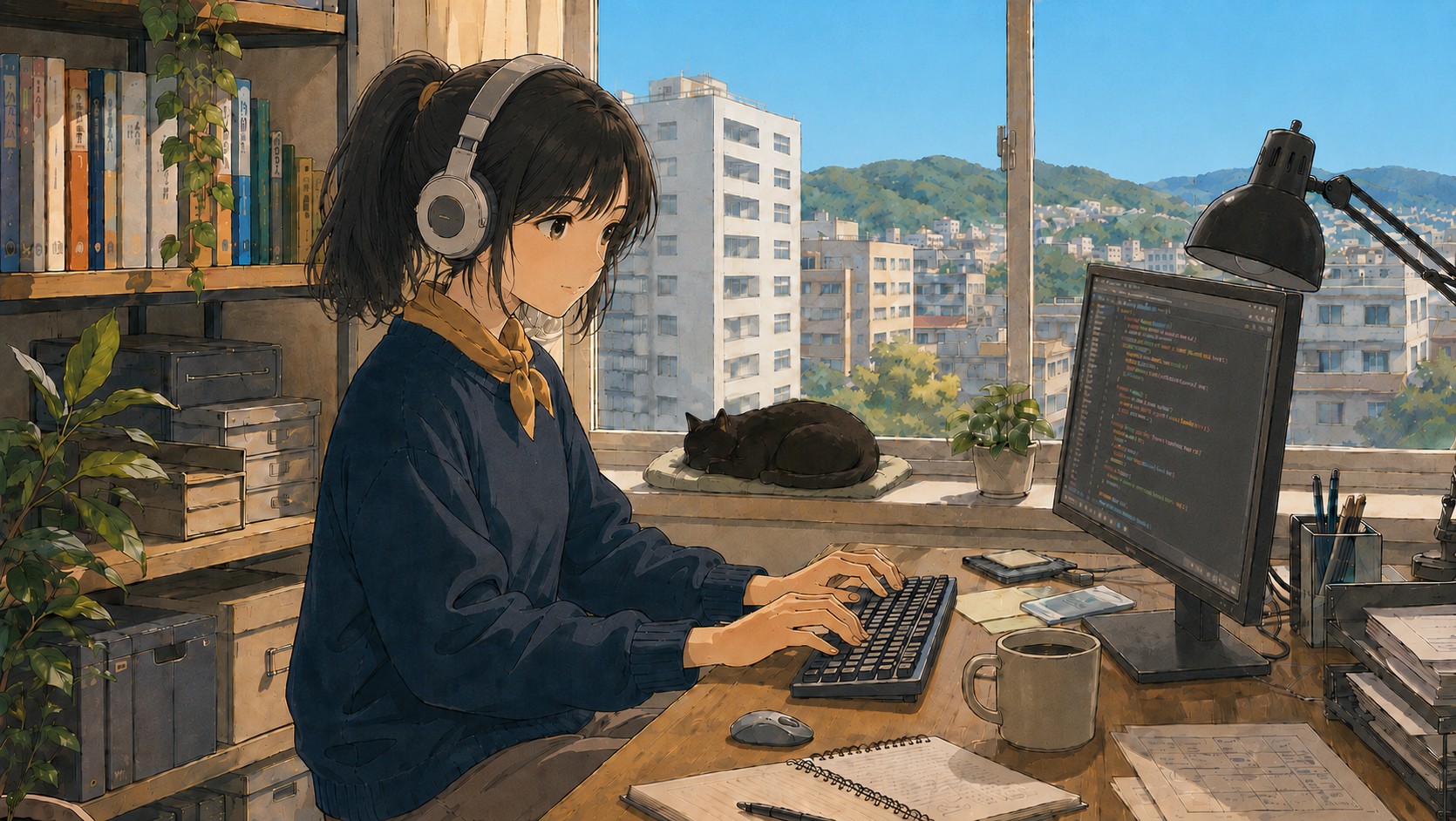 Yuki at her desk by the window, headphones on, a cat asleep on the sill
