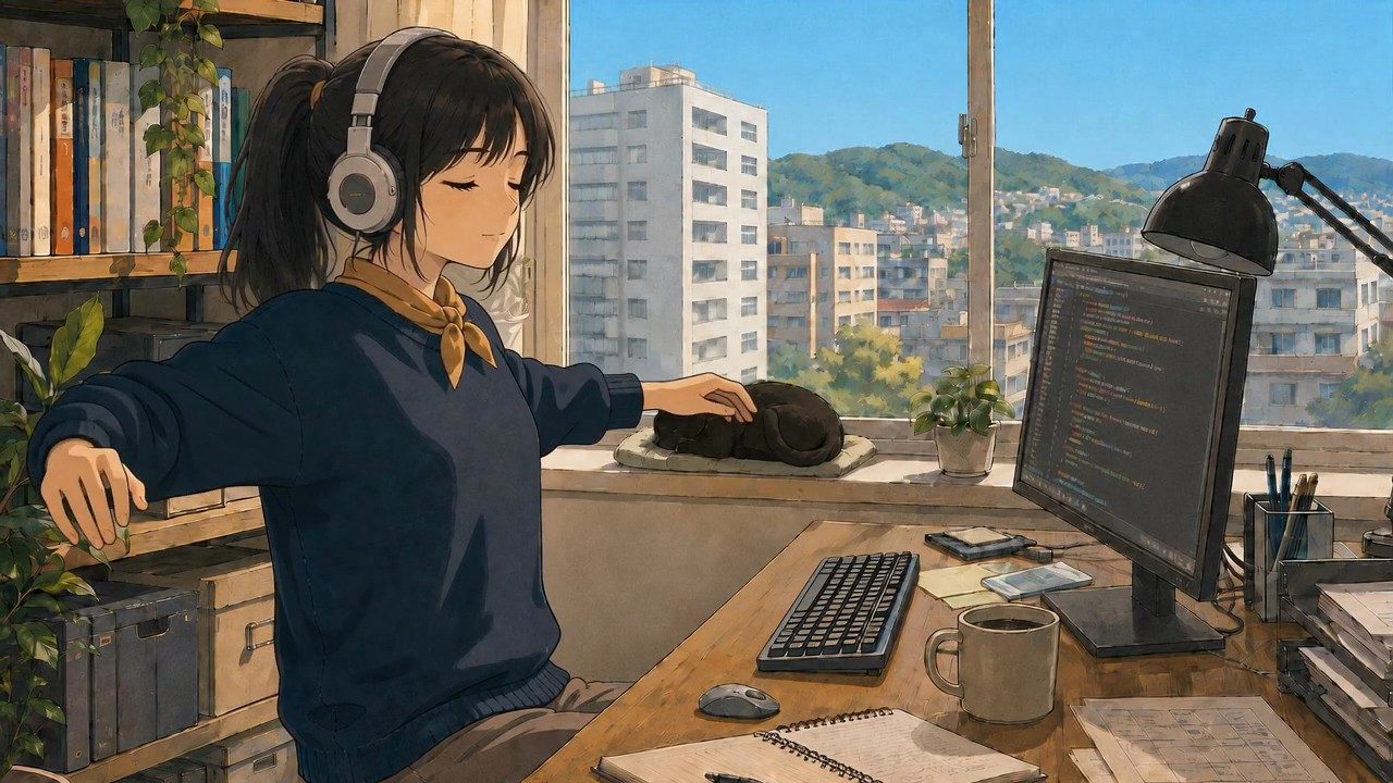 Yuki leaning back to rest, a hand on the sleeping cat