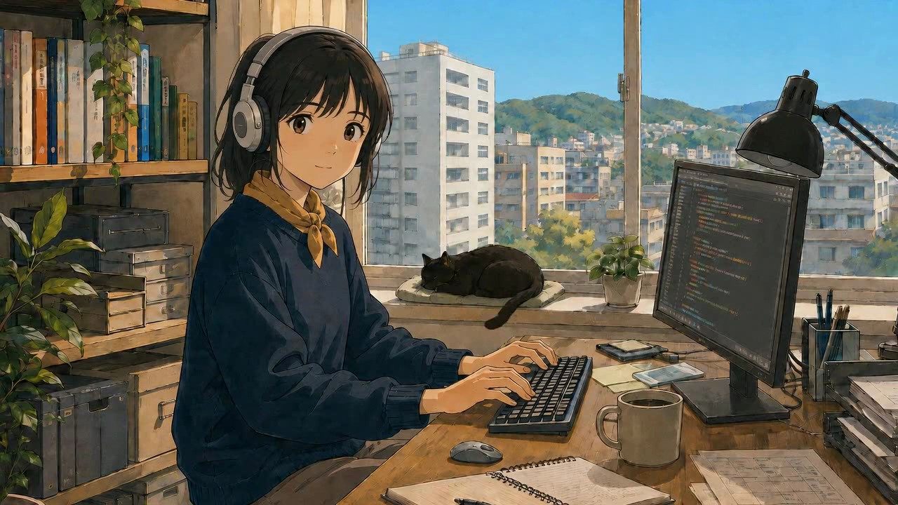 Yuki looking up from her keyboard toward you
